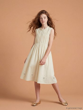 Beige Ruffled Collar Stone Embellished Girls' Gabardine Dress