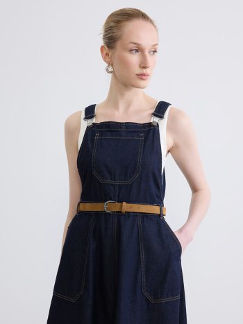 İndigo Kare Yaka Beli Kemerli Jean Salopet Elbise