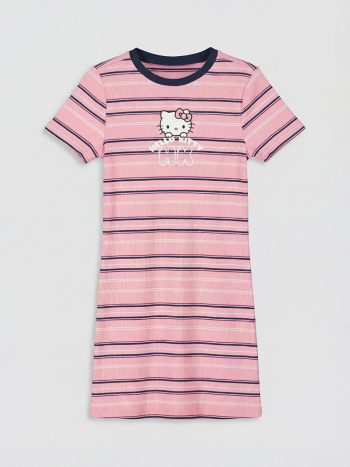 Pembe Hello Kitty Baskılı Kız Çocuk Fitilli Elbise