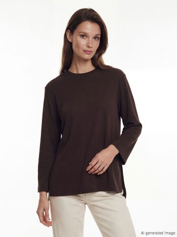 Kahverengi Dik Yaka Oversize Kadın Sweatshirt Tunik