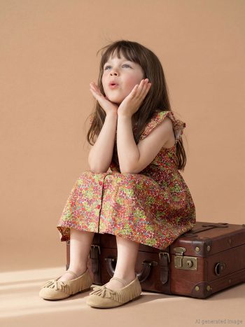 Ecru Ruffled Floral Print Girls' Dress