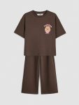 Brown Capyfun Printed Girls T-Shirt and Sweatpants Set