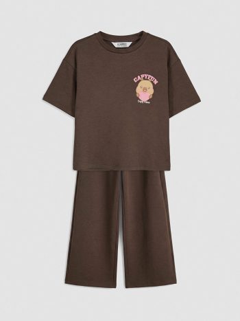 Brown Capyfun Printed Girls T-Shirt and Sweatpants Set