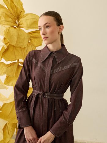 Linda Dress with Contrast Stitching Detail in BROWN