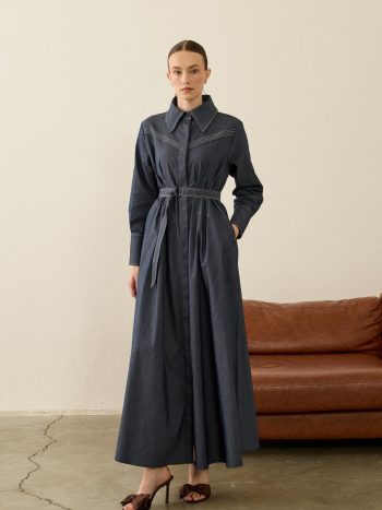 Linda Dress with Contrast Stitching Detail in NAVY