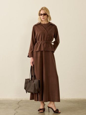 Mara Placket Covered Button Slip Dress Set in BROWN