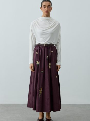 Embroidered Gather-Waist Skirt in Mulberry