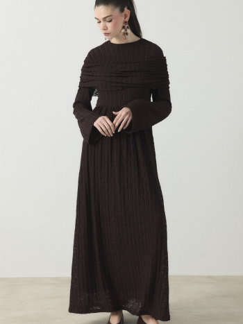 Lace Tulle Dress with Shoulder Flounce - Coffee