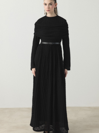 Shoulder Ruffle Lace Tulle Dress - Black