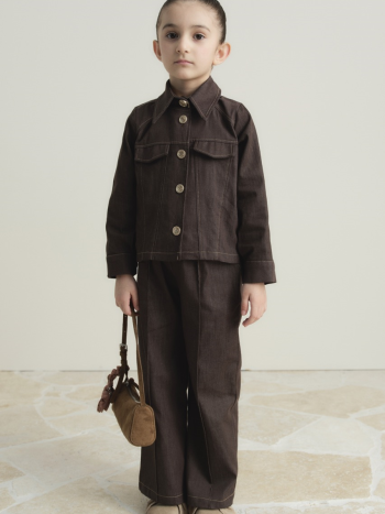 Front Pocket Detail Cotton Denim Set - Coffee