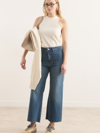 High-Waisted Flare Jeans with Front Pockets - Dark Blue
