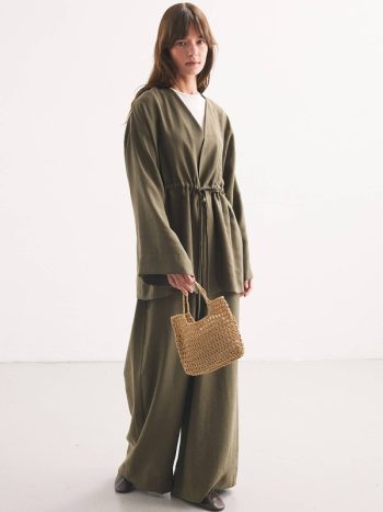 Önden Bağlama Detaylı Haki Kimono Pantolon Takım