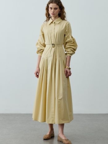 Pleated Belted Maxi Dress Yellow