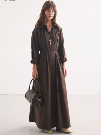 Coffee Shirt Dress with Pleat Detail