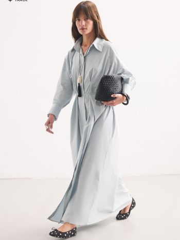 Pleated Detail Soft Blue Shirt Dress