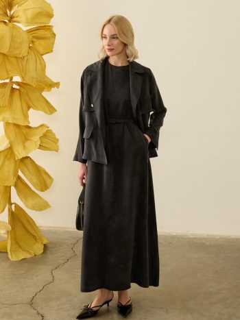 Riva Special Snap-Closure Belted Lyocell Slip Dress Set in BLACK