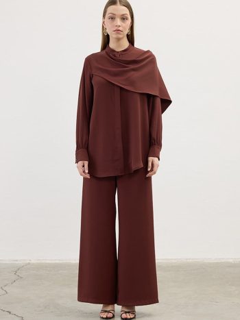 Scarf Collar Shirt in Russet Brown