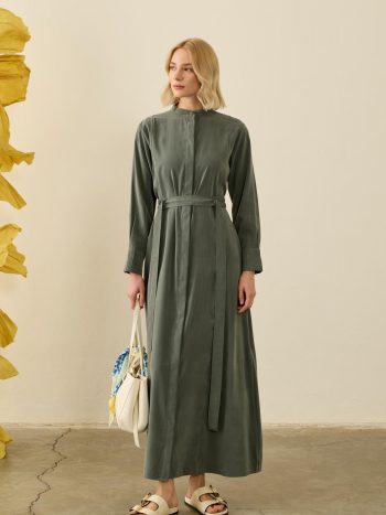 فستان مودال بأكمام طويلة وخصر مطاطي بحزام ZÜMRÜT