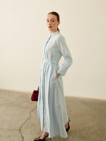 Sevi Hakim Yaka Kemerli Lastikli Modal Elbise MAVİ