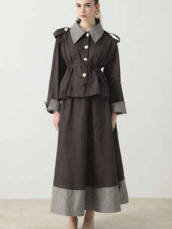 Coffee-Colored Denim Skirt Set with Reverse Cuff Detail