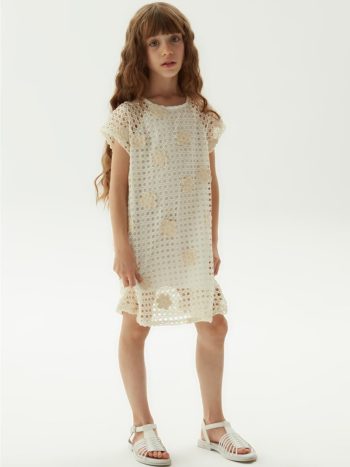 Tyess Girls' Ecru Flower Detail Knit Dress