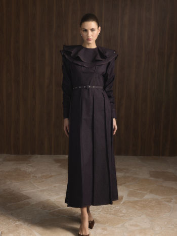 Collar Detail Embroidered Denim Dress - Burgundy