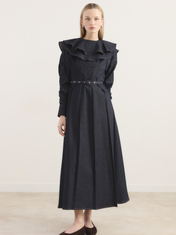 Collar Detail Embroidered Denim Dress - Navy Blue