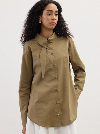 Collar Detail Cotton Shirt Khaki