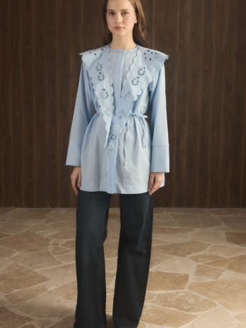 Dacron Shirt with Collar Embroidery - Baby Blue