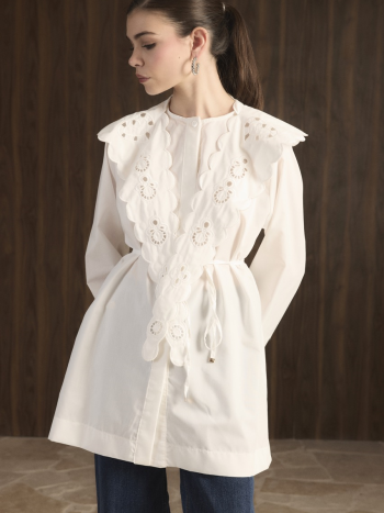 Collar Embroidered Dacron Shirt - Ecru