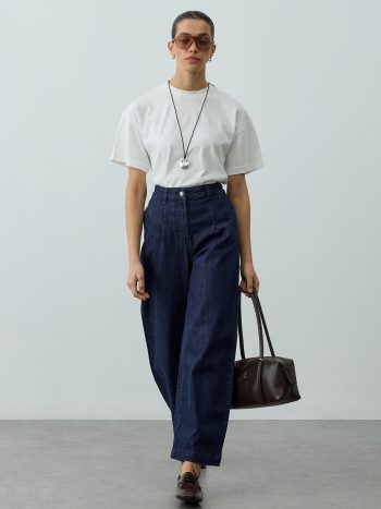 High-Waisted Pleated Balloon Denim Pants - Navy Blue