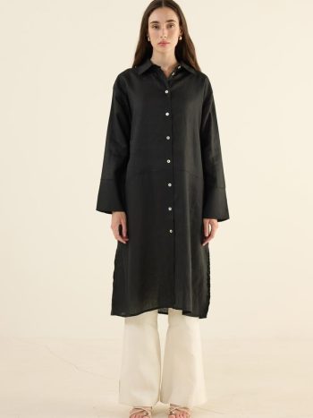 100% Linen Patchwork Tunic in Black