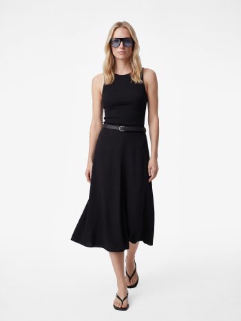 Crepe Fabric Belt Detail A-Line Midi Skirt