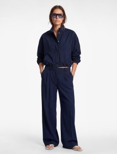 Wide-Leg Striped Trousers with Pocket and Ribbed Details