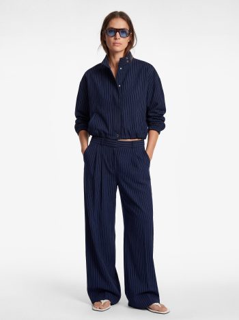 Wide-Leg Striped Trousers with Pocket and Ribbed Details