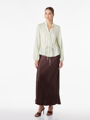 Shawl Collar Long Puff Sleeve Tie-Waist Chiffon Blouse