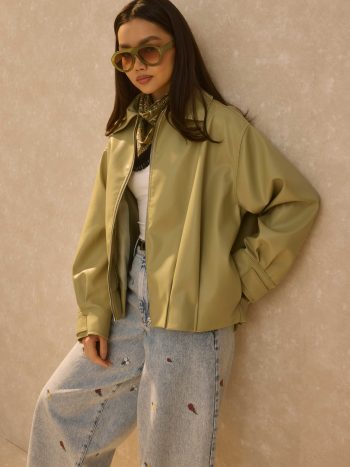 Fur-Trimmed Leather Jacket in Sage