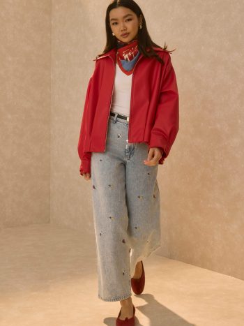 Red Leather Jacket with Pile Detail