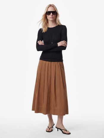 Modal Fabric Pleated Striped Midi Flared Skirt with Pockets
