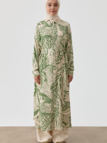 Belted Patterned Long Tunic - Khaki