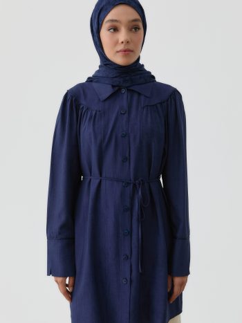 Ruffled Gather Tunic - Navy Blue