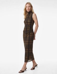 Slim Fit Draped Collar Sleeveless Long Plaid Dress