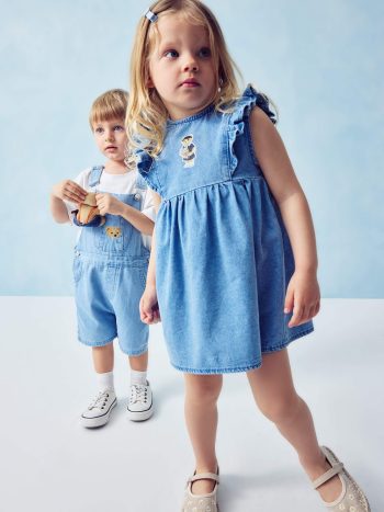 Bear-Print Sleeveless Denim Dress for Baby Girls