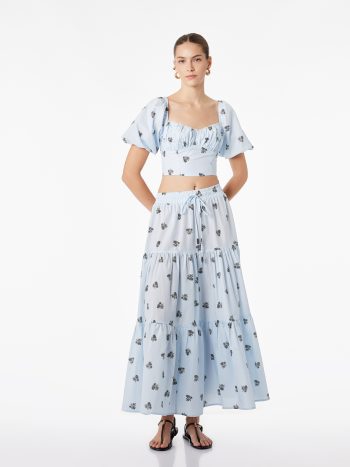 Cotton Layered Flared Full Circle Long Floral Poplin Skirt