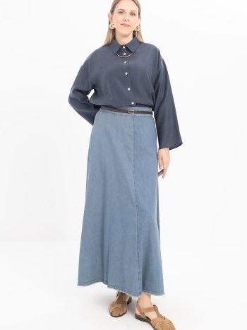 Light Blue Waistband Elastic Hem Fringe Skirt