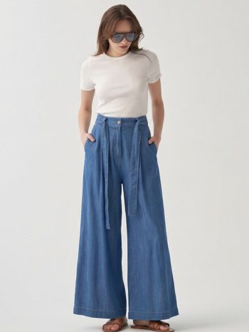Light Blue-Belted Pleated Wide-Leg Denim Pants
