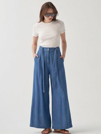 Açık Mavi-Kemerli Pileli Bol Paça Denim Pantolon