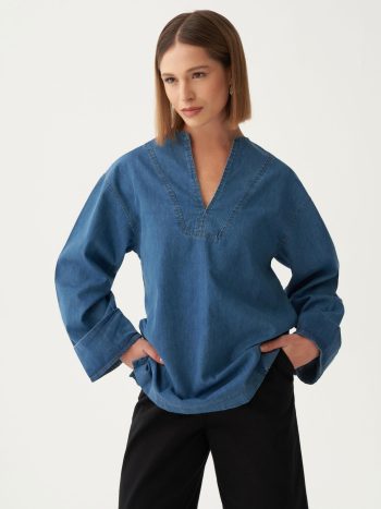 Açık Mavi-V Yaka Denim Gömlek Tunik