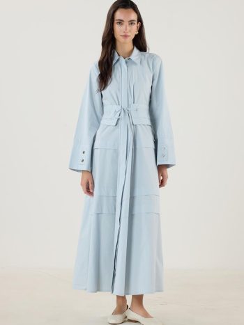All-Over Detailed 100% Cotton Dress in Ice Blue