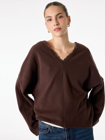 Uzun Kollu Dantel Detaylı V Yaka Sweatshirt
